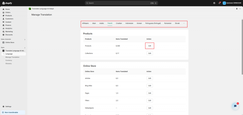 Translation management screenshot